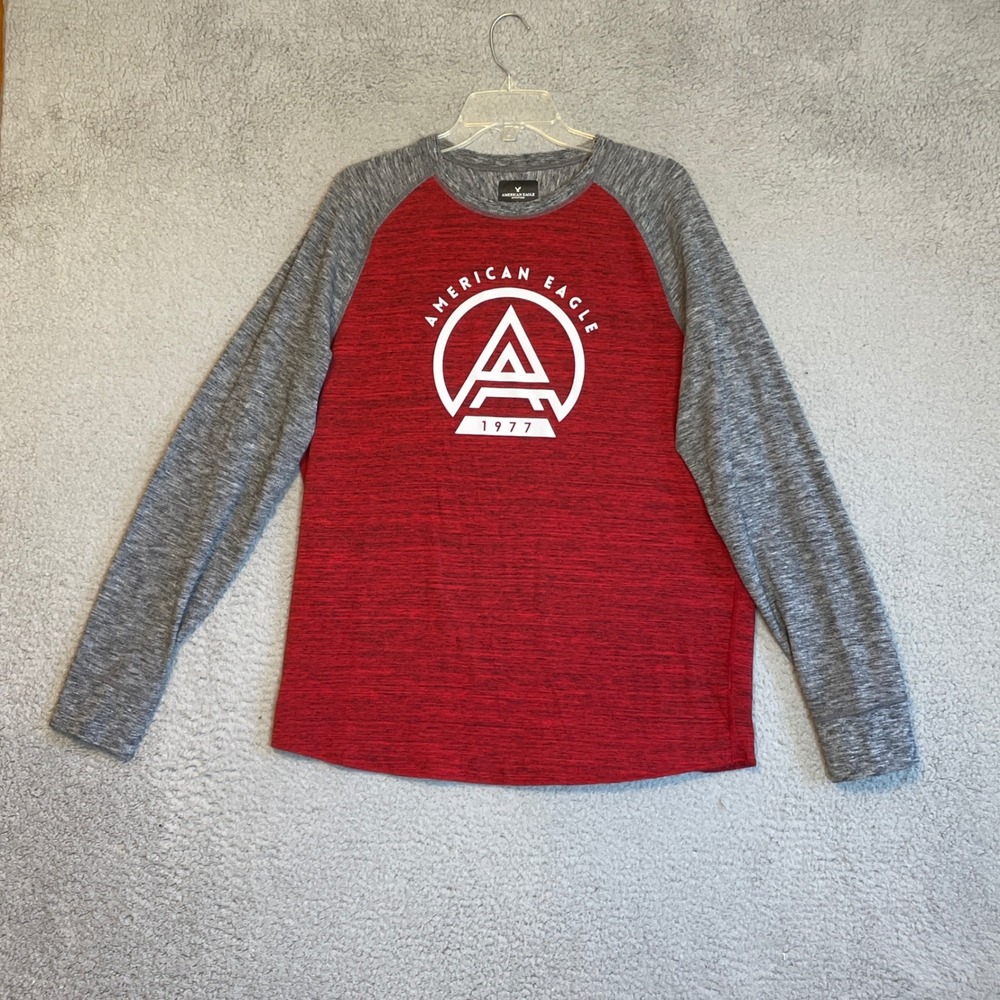 American Eagle Outfitters Mens Red Gray Long Sleeve Raglan Graphic T Shirt L